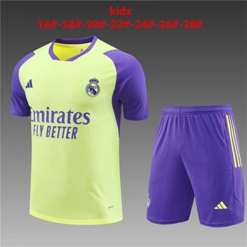 Youth Kids 2023-2024 Real Madrid Yellow/Purple Soccer Training Jersey Shorts Child Football Set