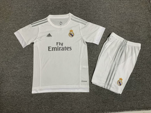Retro Youth Uniform Kids Kit 2014-2015 Real Madrid Home Soccer Jersey Shorts Vintage Child Football Set