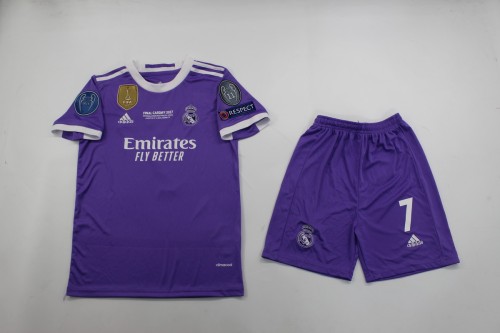 with Front Lettering+FIFA Golden+UCL Patch Youth Uniform Kids Kit 2016-2017 Real Madrid Away Purple Soccer Jersey Shorts