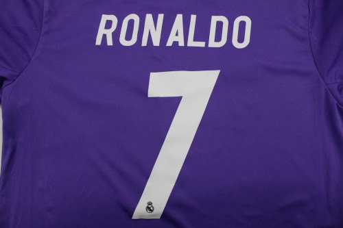 with Front Lettering+FIFA Golden+UCL Patch Youth Uniform Kids Kit 2016-2017 Real Madrid RONALDO 7 Away Purple Soccer Jersey Shorts