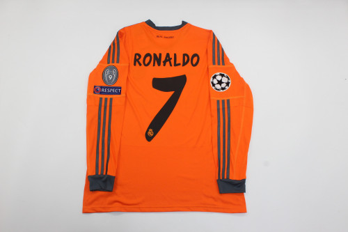 with UCL Patch Long Sleeve Retro Camisetas de Futbol 2013-2014 Real Madrid RONALDO 7 Third Away Orange Soccer Jersey Real Football Shirt