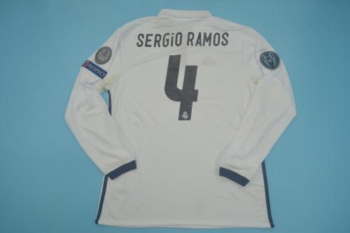 with FIFA Golden+UCL Patch Long Sleeve Retro Jersey Real Madrid 2015-2016 SERGIO RAMOS 4 Home Soccer Jersey White Vintage Real Camisetas de Futbol