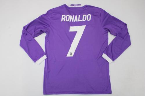 with Front Lettering+Front Patch+UCL Patch Long Sleeve Retro Jersey 2016-2017 Real Madrid RONALDO 7 Away Purple UCL Final Soccer Jersey