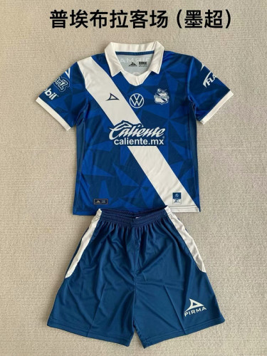 Youth Uniform Kids Kit 2023-2024 Puebla Away Blue Soccer Training Jersey Shorts Child Football Set