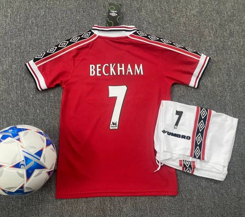 Retro Youth Uniform Kids Kit 1998-2000 Manchester United BECKHAM 7 Home Soccer Jersey Shorts Vintage Child Football Set