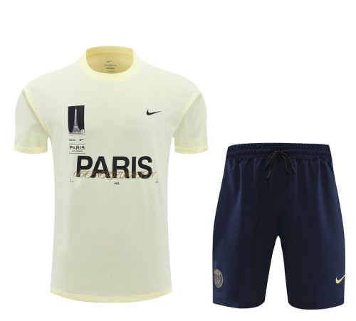 Adult Uniform 2024-2025 PSG Light Yellow Soccer Training Jersey and Shorts Paris Football Kits