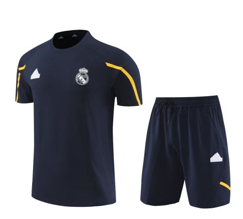 Adult Uniform 2023-2024 Real Madrid Dark Blue/Yellow Soccer Training Jersey and Shorts Cotton Football Kits