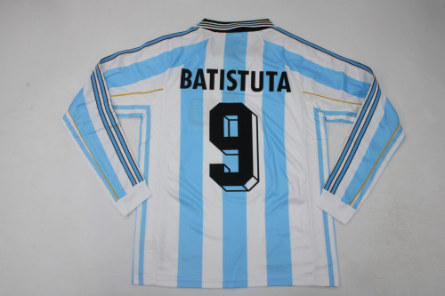 with Front Lettering Long Sleeve Retro Jersey 1998 Argentina BATISTUTA 9 Home Soccer Jersey Vintage Football Shirt