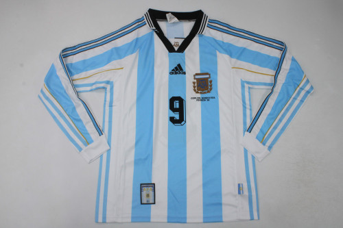 with Front Lettering Long Sleeve Retro Jersey 1998 Argentina Home Soccer Jersey Vintage Football Shirt