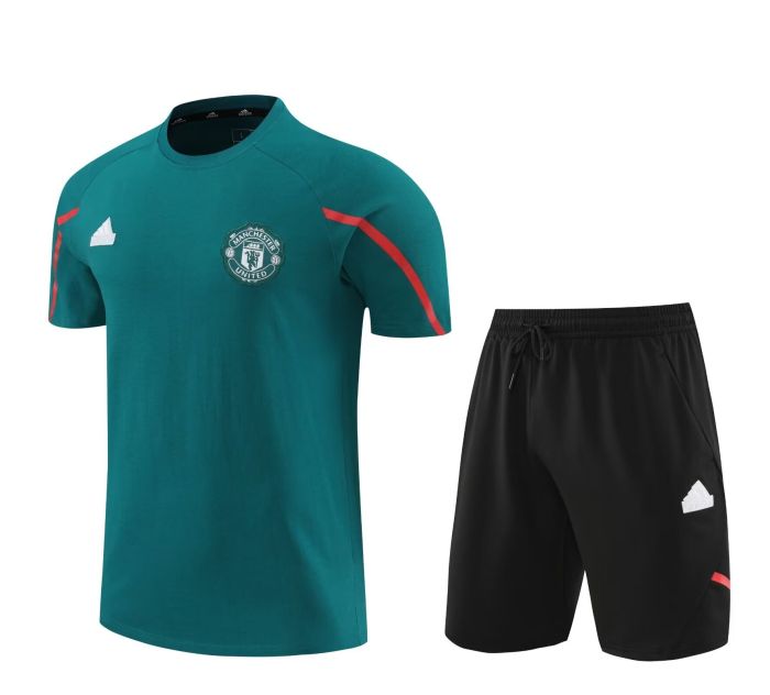 Adult Uniform 2024-2025 Manchester United Dark Green Soccer Training Jersey and Shorts Cotton Football Kits