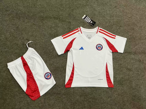 Youth Uniform Kids Kit Chile 2024 Away White Soccer Jersey Shorts Child Football Set