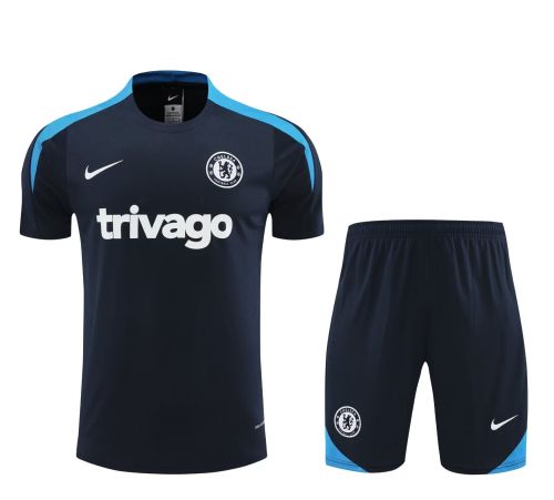 Adult Uniform 2024 Chelsea Dark Blue Soccer Training Jersey and Shorts Cotton Football Kits