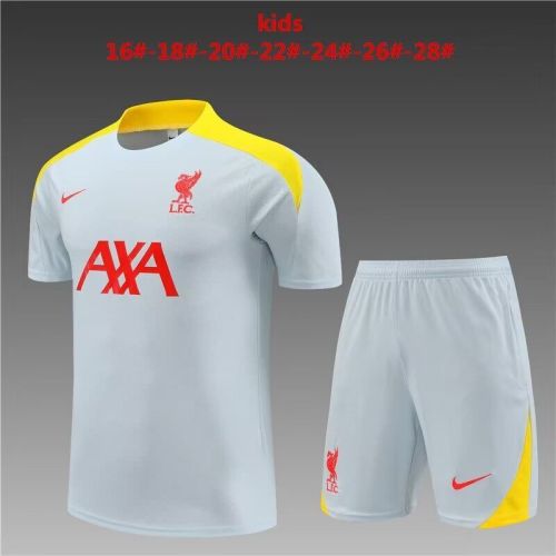 Youth Uniform Kids Kit 2024 Liverpool Grey/Yellow Soccer Training Jersey Shorts Child Football Set