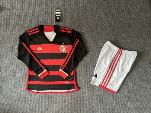 Long Sleeve Youth Uniform Kids Kit 2024-2025 Flamengo Home Soccer Jersey Shorts Child Football Set