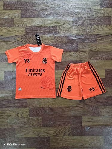 Youth Uniform Kids Kit 2023-2024 Real Madrid Y-3 Orange Soccer Jersey Shorts Child Football Set