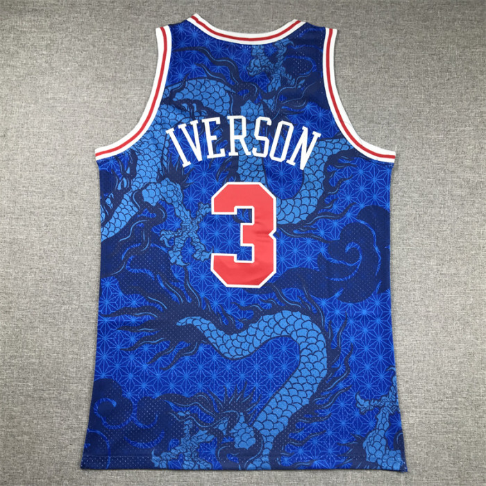 Mitchell&ness 1996-97 Philadelphia 76ers Basketball Shirt 3 ALLEN IVERSON Blue Dragon NBA Jersey