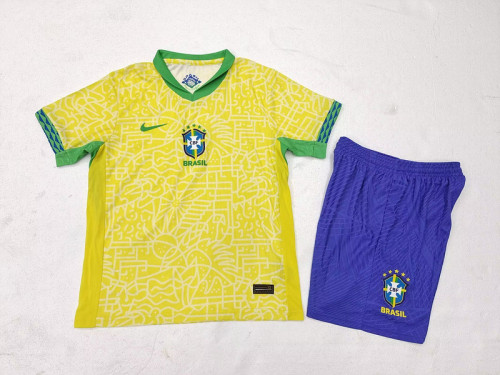 Player Version Youth Uniform Kids Kit Brazil 2024 Home Soccer Jersey Shorts Brasil Child Football Set
