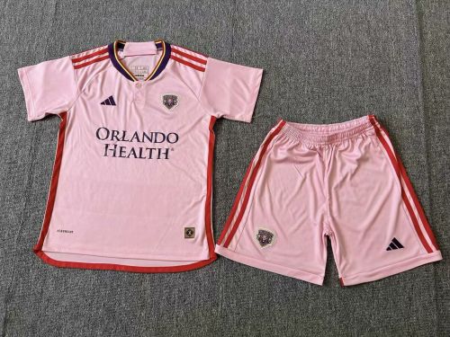 Youth Uniform Kids Kit 2023-2024 Orlando City Away Pink Soccer Jersey Shorts Child Football Set