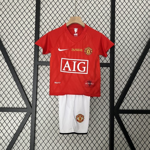 with Front Lettering Retro Youth Uniform 2007-2008 Manchester United UCL Final Home Soccer Jersey Shorts Vintage Child Football Kit