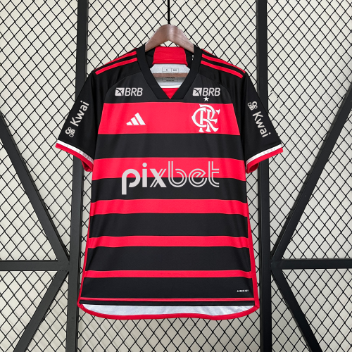 with All Sponor Logos Fan Version 2024-2025 Flamengo Home Soccer Jersey Football Shirt