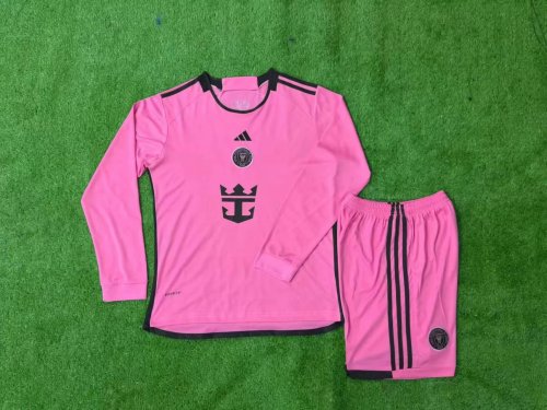 Long Sleeve Youth Uniform Kids Kit 2024-2025 Inter Miami Home SoccerJersey Shorts Child Football Set