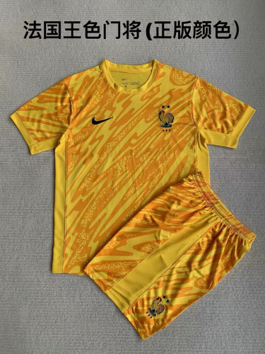 Youth Uniform Kids Kit France 2024 Yellow Goalkeeper Soccer Jersey Shorts Child Football Set