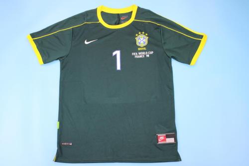 with Front Lettering Retro Jersey 1998 Brazil Dark Green Goalkeeper Soccer Jersey Vintage Brasil Camisetas de Futbol