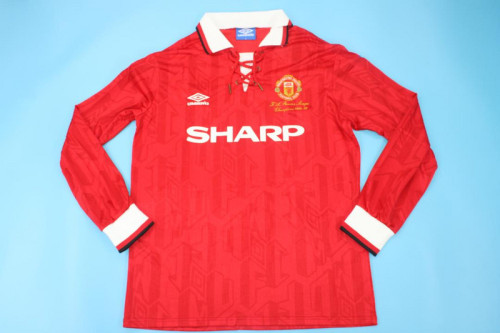 with Front Champions Lettering Long Sleeve Retro Jersey 1993-1994 Manchester United Home Soccer Jersey