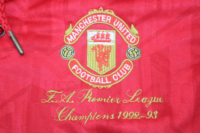 with Front Champions Lettering+EPL Patch Long Sleeve Retro Jersey 1993-1994 Manchester United Home Soccer Jersey