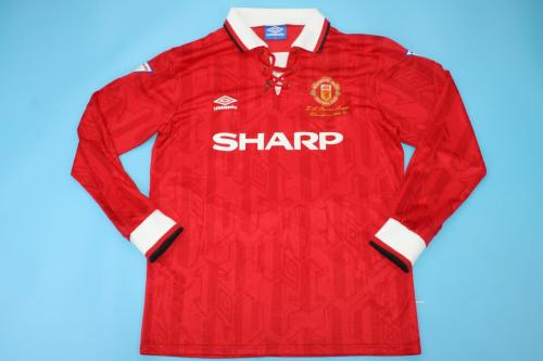 with Front Champions Lettering+EPL Patch Long Sleeve Retro Jersey 1993-1994 Manchester United Home Soccer Jersey