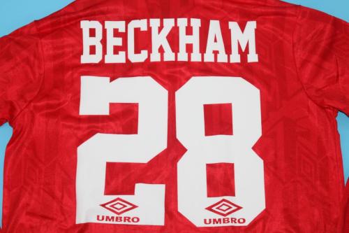 with Front Champions Lettering+EPL Patch Long Sleeve Retro Jersey 1993-1994 Manchester United BECKHAM 28 Home Soccer Jersey