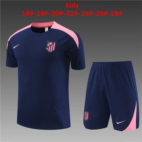 Youth Uniform Kids Kit 2024 Atletico Madrid Dark Blue/Pink Soccer Training Jersey Shorts Child Football Set