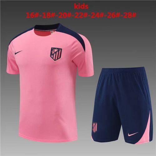 Youth Uniform Kids Kit 2024 Atletico Madrid Pink/Dark Blue Soccer Training Jersey Shorts Child Football Set