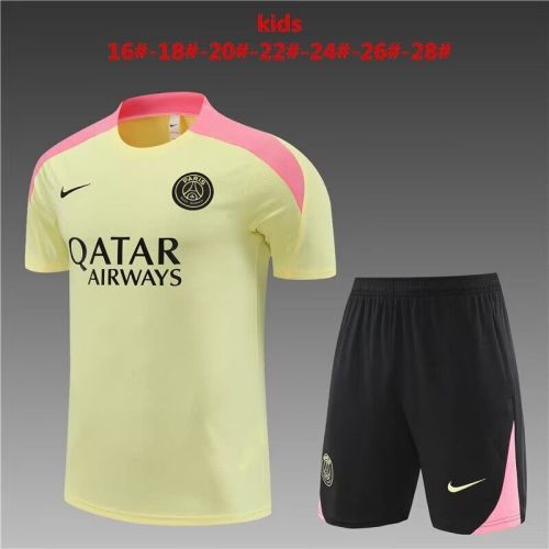 Youth Uniform Kids Kit 2024 PSG Yellow/Pink Soccer Training Jersey Shorts Child Paris Football Set