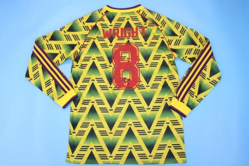 with EPL Patch Long Sleeve Retro Jersey 1991-1993 Arsenal WRIGHT 8 Away Yellow Vintage Soccer Jersey