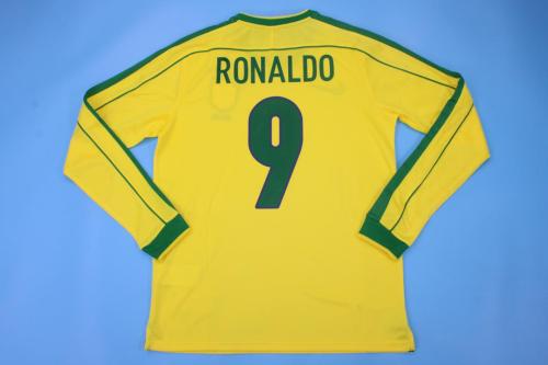 Long Sleeve Retro Jersey 1998 Brazil RONALDO 9 Home Soccer Jersey Vintage Brasil Camisetas de Futbol