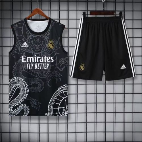 Adult Uniform 2024 Real Madrid Black Soccer Training Vest and Shorts Football Kits