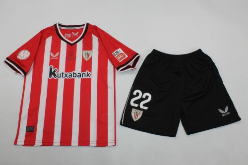 with Front Lettering+Patch Youth Uniform Kids Kit 2023-2024 Athletic Bilbao Copa De Rey Final Home Soccer Jersey Shorts Child Football Set