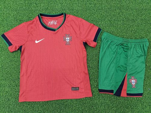 Player Version Youth Uniform Kids Kit Portugal 2024 Home Soccer Jersey Shorts Child Football Set