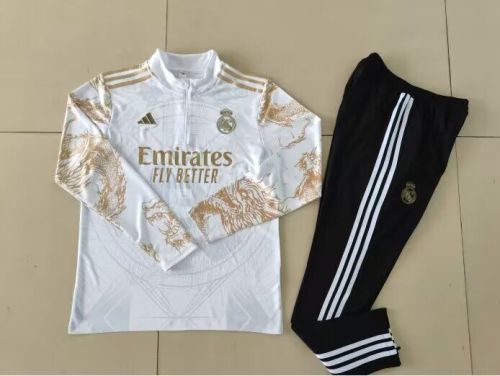 2024-2025 Real Madrid White/Gold Dragon Soccer Training Sweater and Pants Football Kit