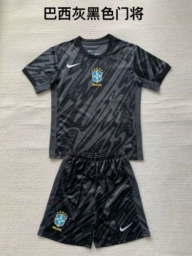 Youth Uniform Kids Kit Brazil 2024 Black Goalkeeper Soccer Jersey Shorts Brasil Child Football Set