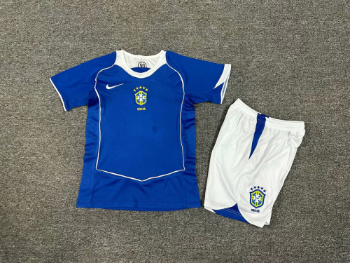 Retro Youth Uniform Kids Kit 2004 Brazil Away Blue Soccer Jersey Shorts Brasil Child Football Set