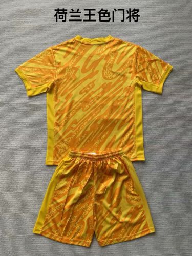 Youth Uniform Kids Kit Netherlands 2024 Yellow Goalkeeper Soccer Jersey Shorts Holland Child Football Set