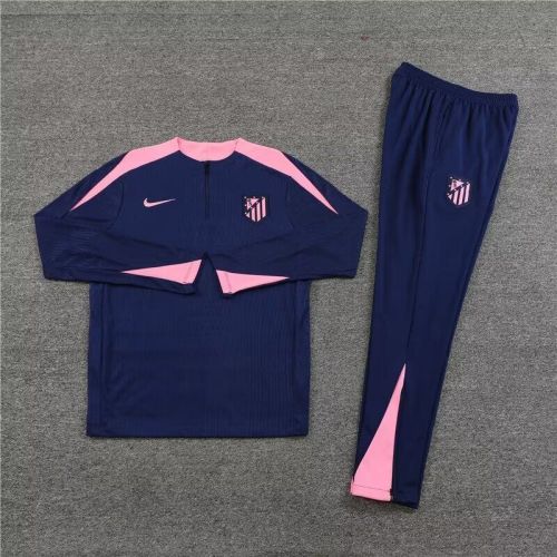 2024-2025 Atletico Madrid Dark Blue/Pink Soccer Training Sweater and Pants Football Kit