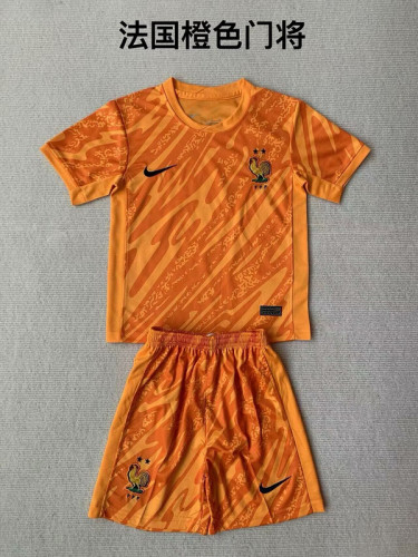 Youth Uniform Kids Kit France 2024 Orange Goalkeeper Soccer Jersey Shorts Child Football Set