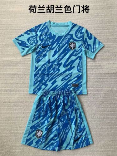 Youth Uniform Kids Kit Netherlands 2024 Blue Goalkeeper Soccer Jersey Shorts Holland Child Football Set