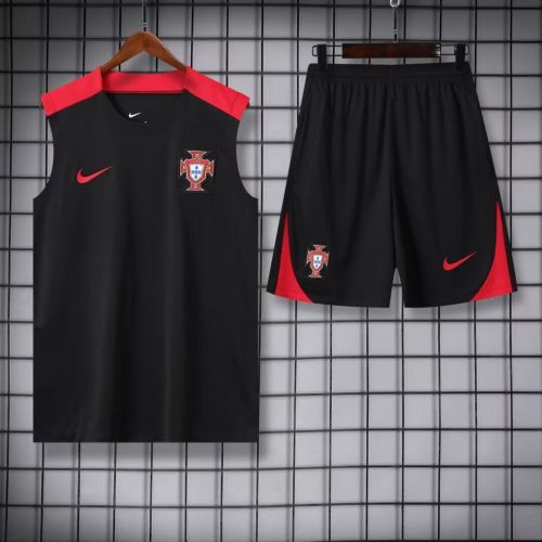 Adult Uniform 2024 Portugal Black/Red Soccer Training Vest and Shorts Football Set
