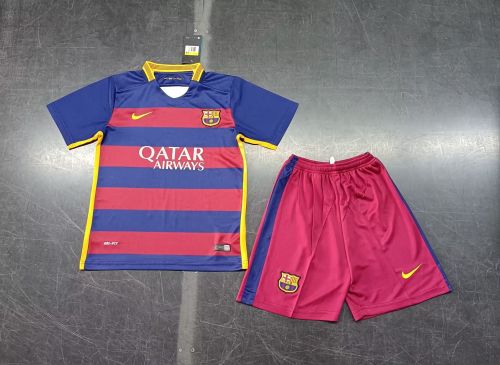 Retro Youth Uniform Kids Kit 2015-2016 Barcelona Home Soccer Jersey Shorts Vintage Child Football Set