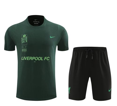 Adult Uniform 2024 Liverpool Dark Green Soccer Training Jersey and Shorts Cotton Football Kits