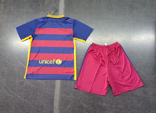 Retro Youth Uniform Kids Kit 2015-2016 Barcelona Home Soccer Jersey Shorts Vintage Child Football Set